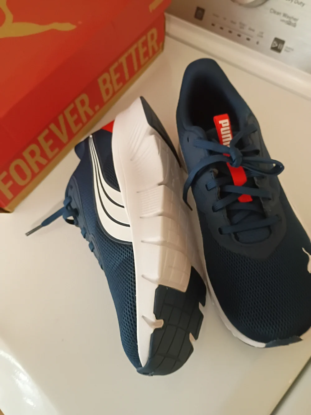 Puma Navy Blue and White Athletic Sneakers with Red Accents